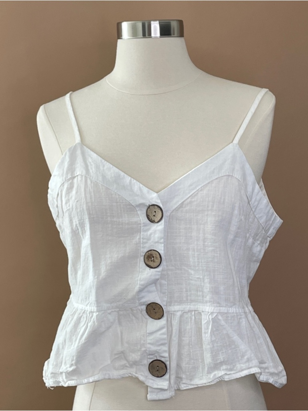 White Button Front Crop Tank Top Ruffle Hem Spaghetti Strap L